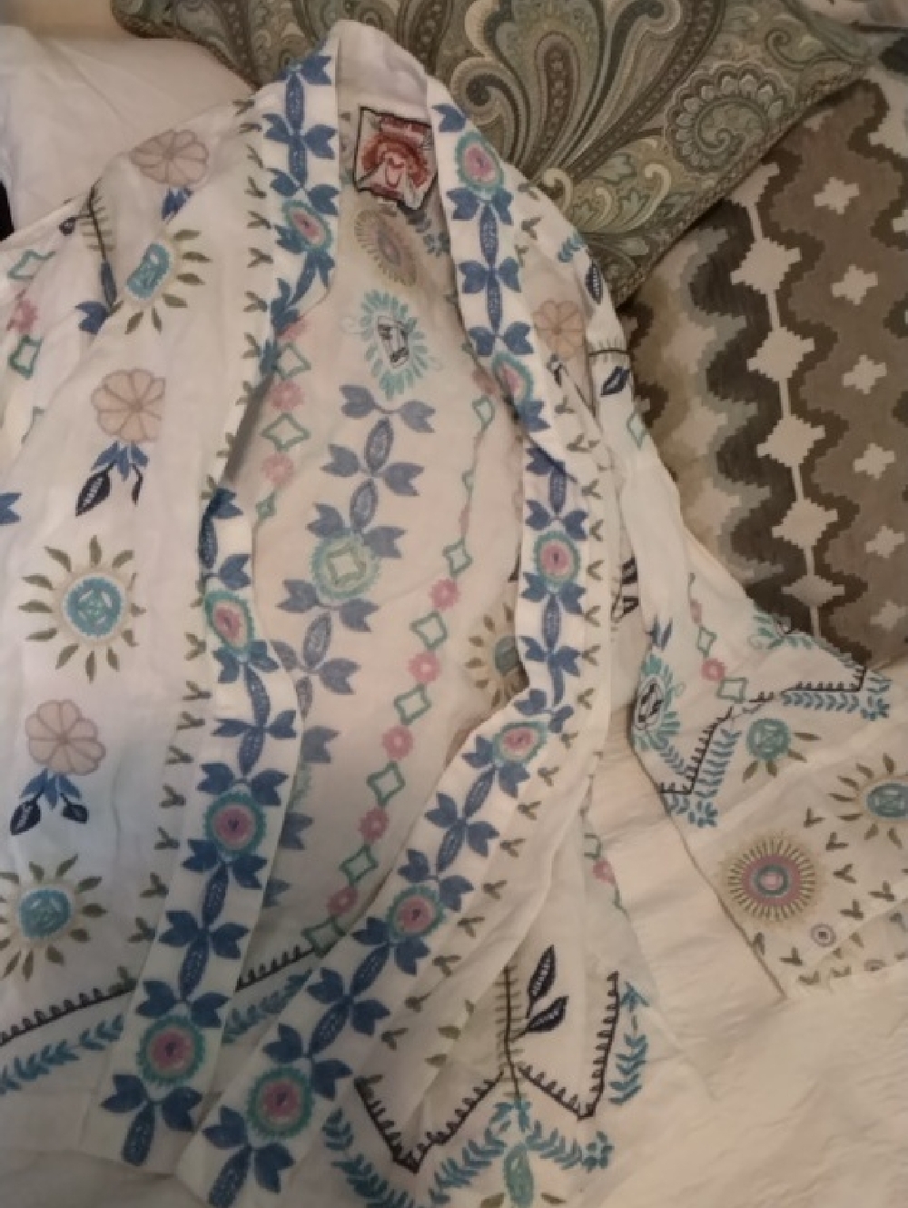Johnny Was White Embroidered Floral Kimono with Blue & Pink Accents